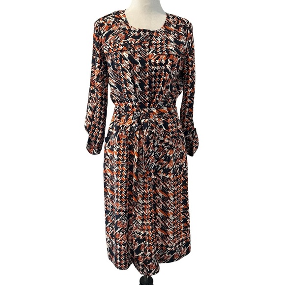 Tyler Boe Dresses & Skirts - Tyler Boe Elegant Silk Navy Blue and Orange Patterned Long Sleeve Dress